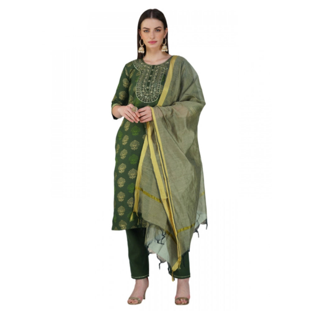 Generic Women's Casual 3-4 th Sleeve Embroidery Cotton Kurti Pant Dupatta Set (Dark Green) - Noble Nook