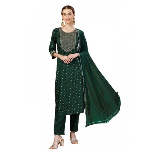 Generic Women's Casual 3-4 th Sleeve Embroidery Silk Blend Kurti Pant Dupatta Set (Dark Green) - Noble Nook