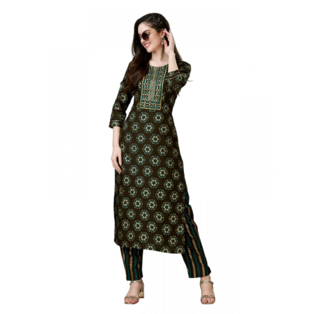 Generic Women's Casual 3-4 th Sleeve Embroidery Rayon Kurti Pant Set (Brown) - Noble Nook