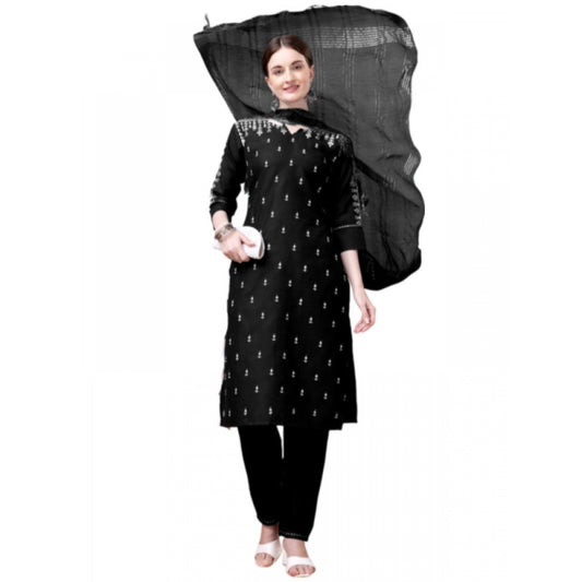 Generic Women's Casual 3-4 th Sleeve Embroidery Cotton Kurti Pant Dupatta Set (Black) - Noble Nook