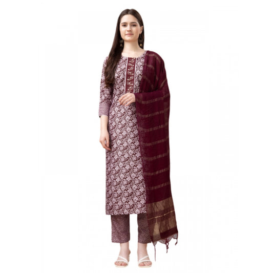 Generic Women's Casual 3-4 th Sleeve Embroidery Rayon Kurti Pant Dupatta Set (Maroon) - Noble Nook