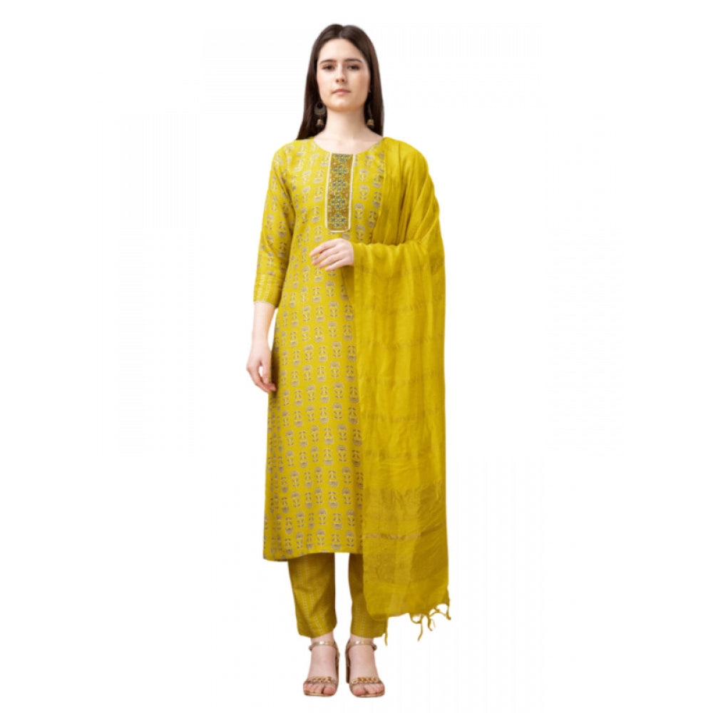 Generic Women's Casual 3-4 th Sleeve Embroidery Rayon Kurti Pant Dupatta Set (Yellow) - Noble Nook