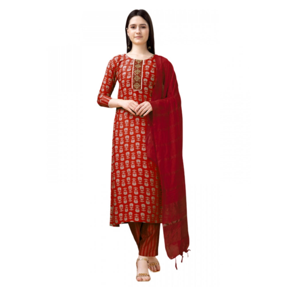 Generic Women's Casual 3-4 th Sleeve Embroidery Rayon Kurti Pant Dupatta Set (Maroon) - Noble Nook