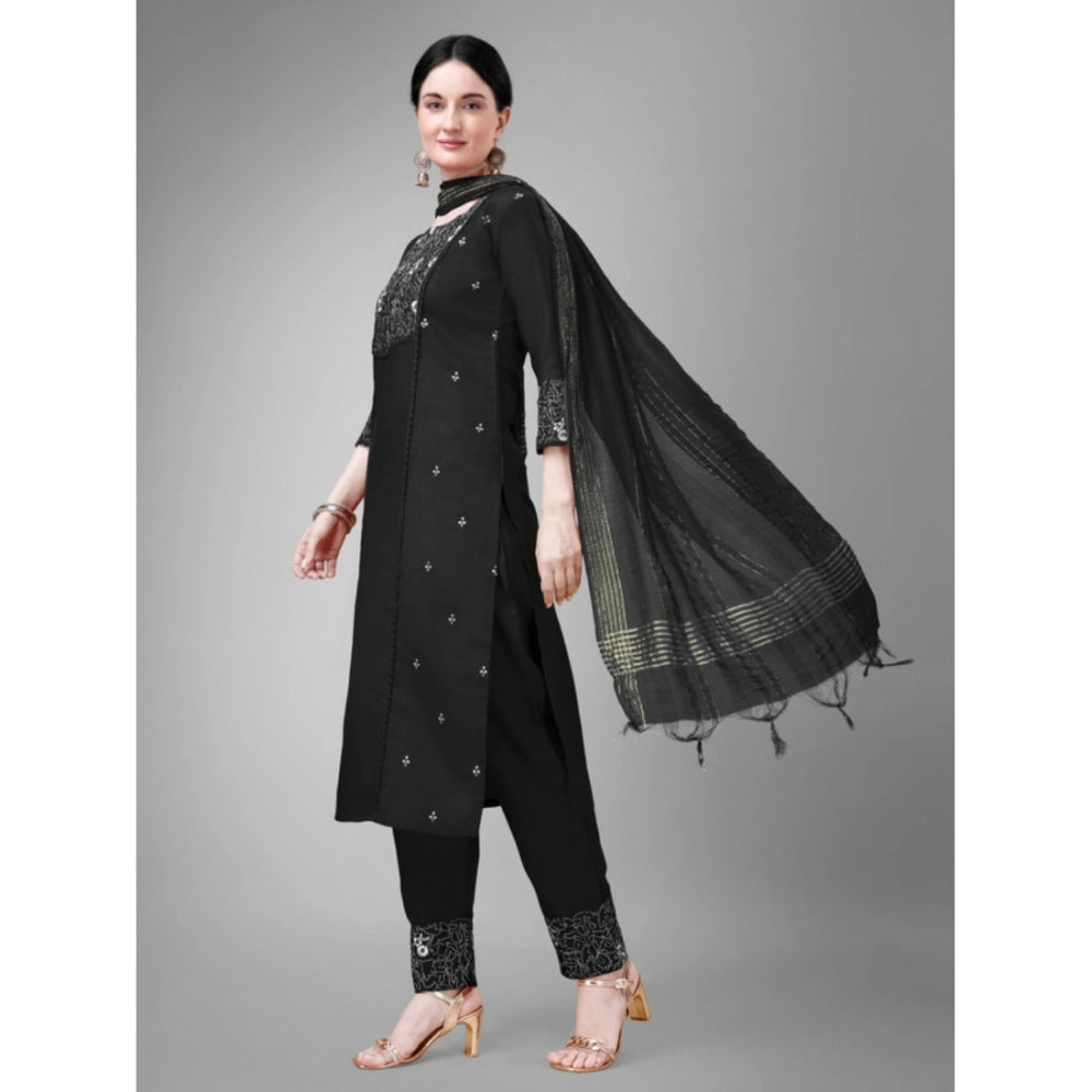 Generic Women's Casual 3-4 th Sleeve Embroidery Cotton Kurti Pant Dupatta Set (Black) - Noble Nook