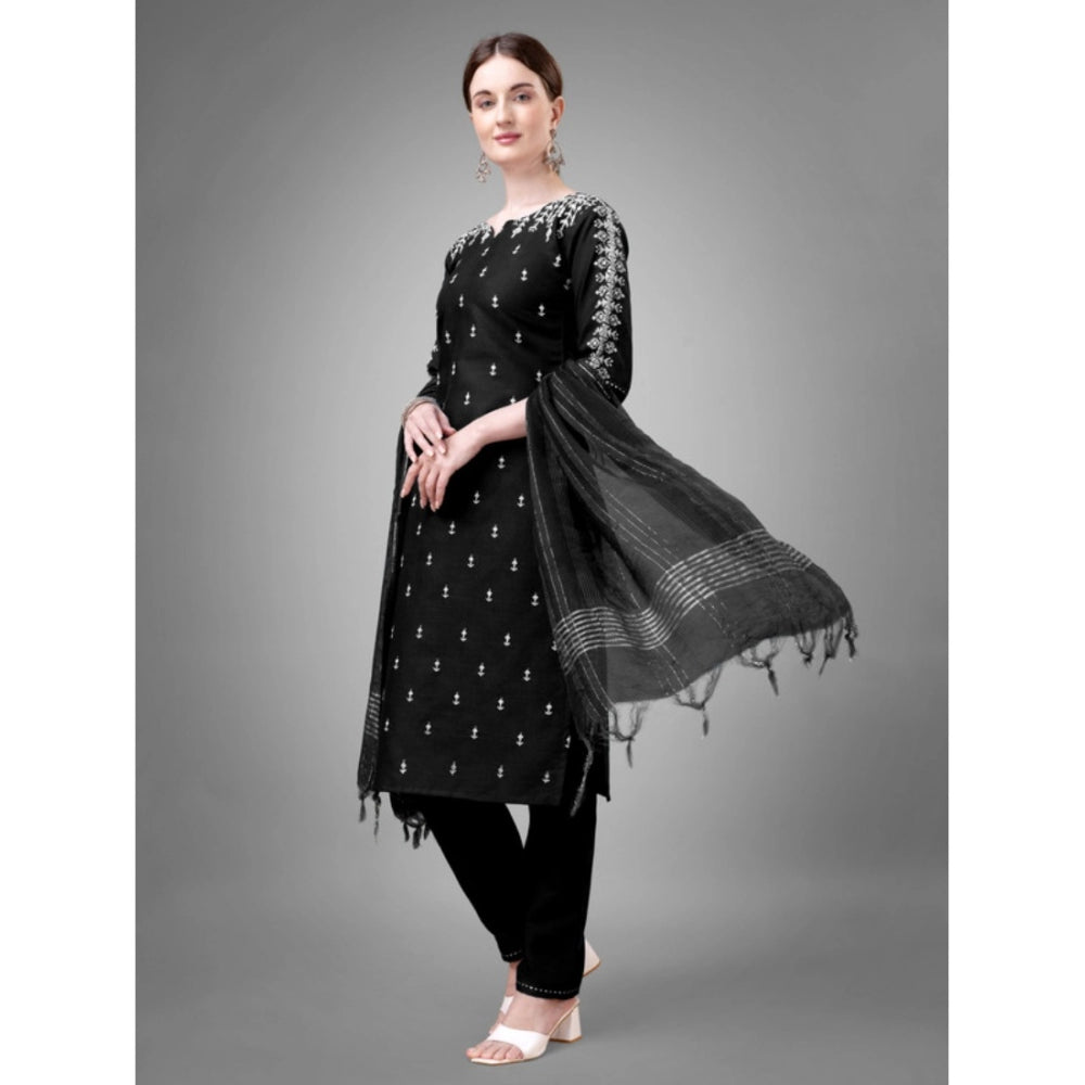 Generic Women's Casual 3-4 th Sleeve Embroidery Cotton Kurti Pant Dupatta Set (Black) - Noble Nook