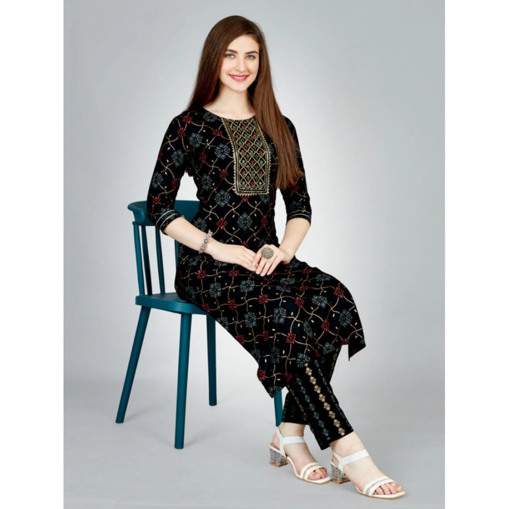 Generic Women's Casual 3-4 th Sleeve Embroidery Rayon Kurti Pant Set (Black) - Noble Nook