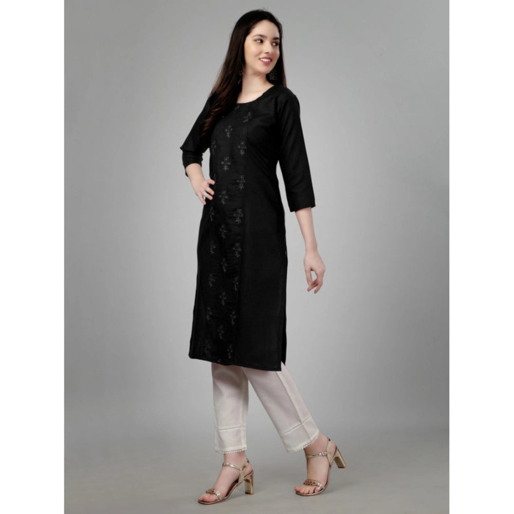 Generic Women's Casual 3-4 th Sleeve Embroidery Cotton Kurti (Black) - Noble Nook