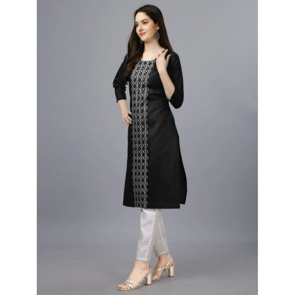 Generic Women's Casual 3-4 th Sleeve Embroidery Cotton Kurti (Black) - Noble Nook