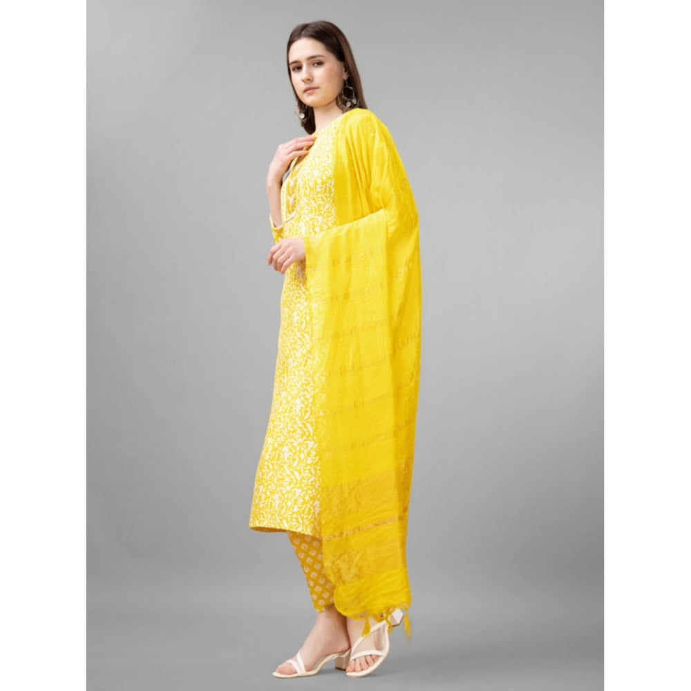 Generic Women's Casual 3-4 th Sleeve Embroidery Rayon Kurti Pant Dupatta Set (Yellow) - Noble Nook