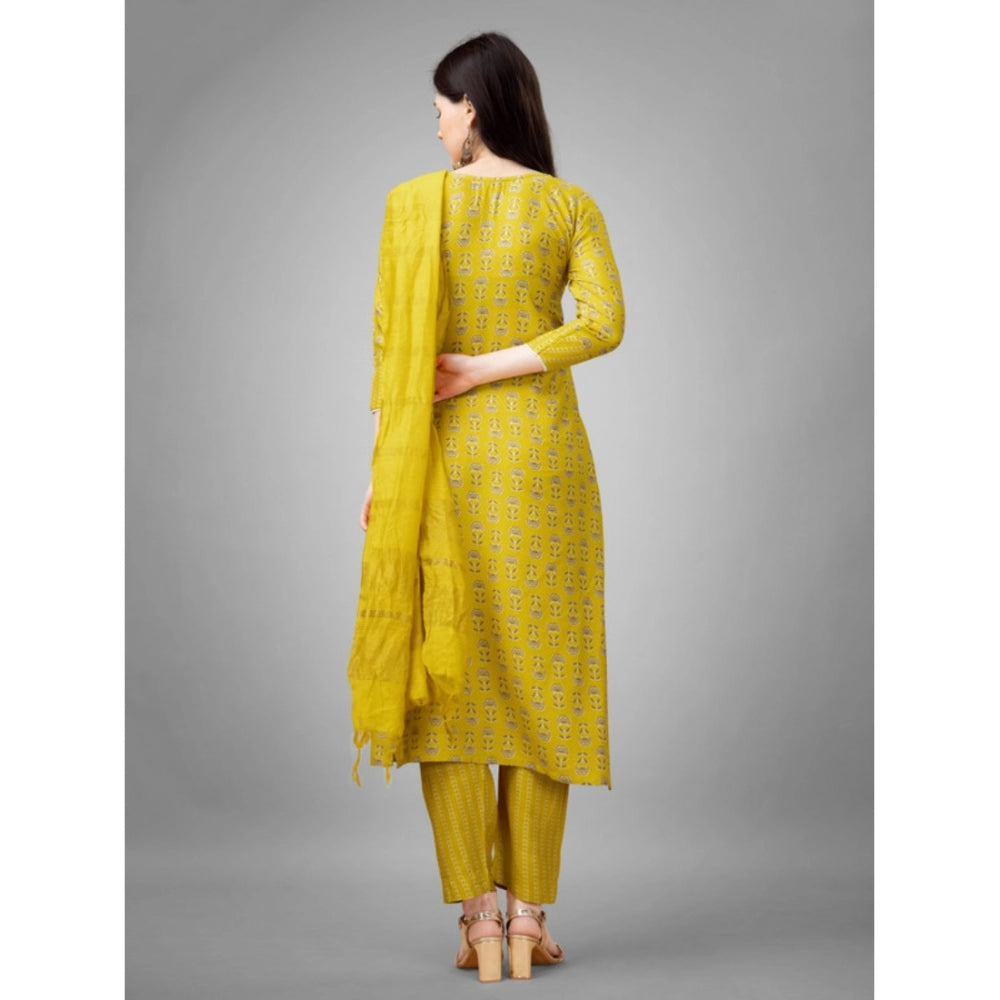 Generic Women's Casual 3-4 th Sleeve Embroidery Rayon Kurti Pant Dupatta Set (Yellow) - Noble Nook