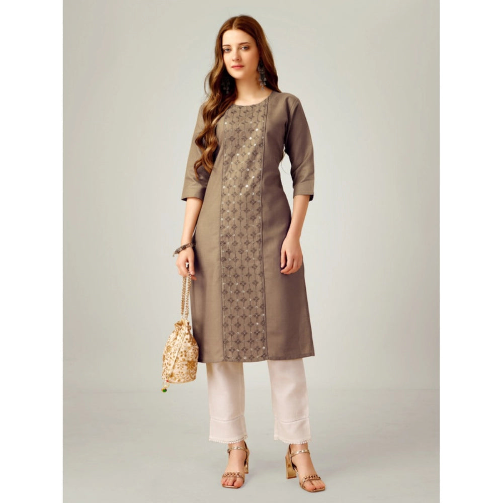 Generic Women's Casual 3-4 th Sleeve Embroidery Cotton Kurti Pant Set (Beige) - Noble Nook