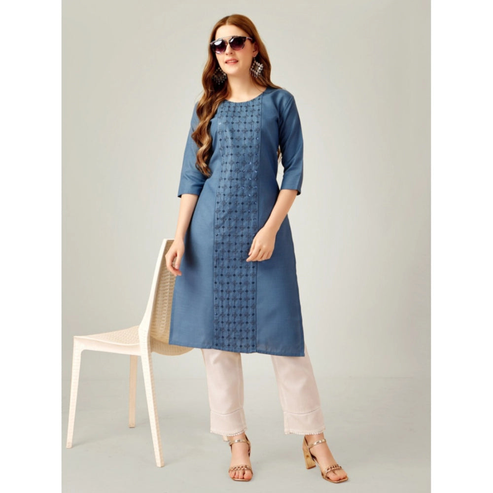 Generic Women's Casual 3-4 th Sleeve Embroidery Cotton Kurti Pant Set (Light Blue) - Noble Nook