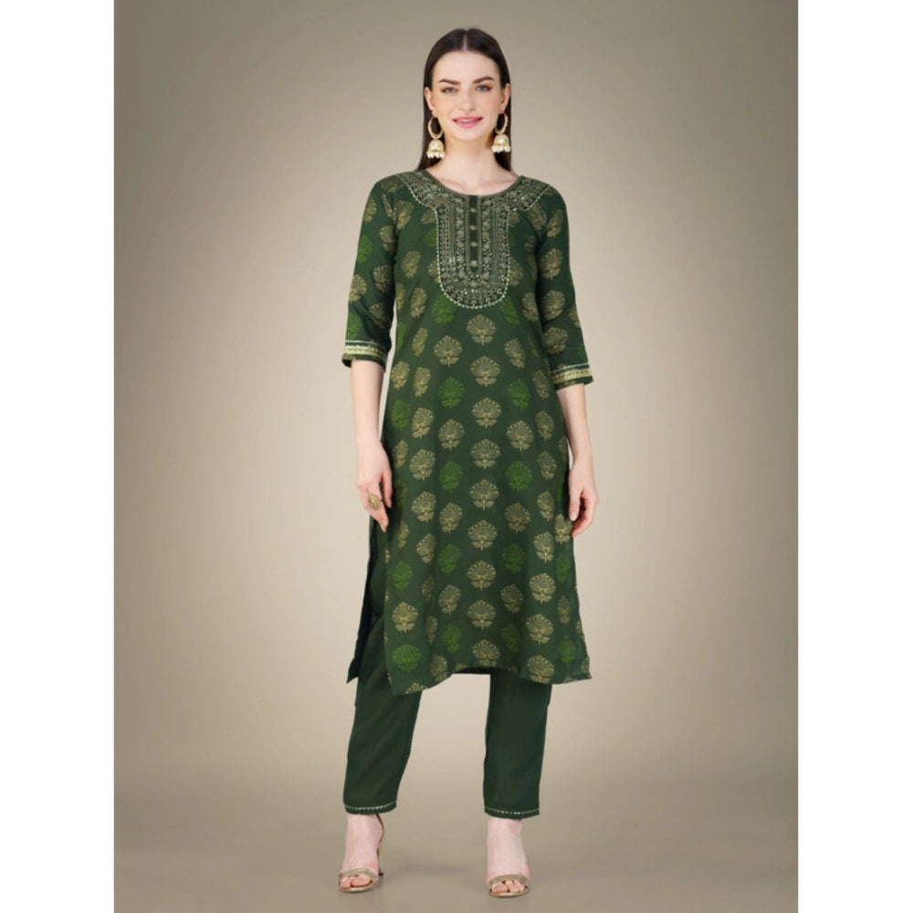 Generic Women's Casual 3-4 th Sleeve Embroidery Cotton Kurti Pant Dupatta Set (Dark Green) - Noble Nook