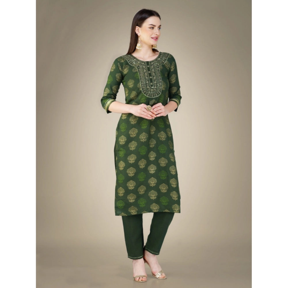 Generic Women's Casual 3-4 th Sleeve Embroidery Cotton Kurti Pant Dupatta Set (Dark Green) - Noble Nook