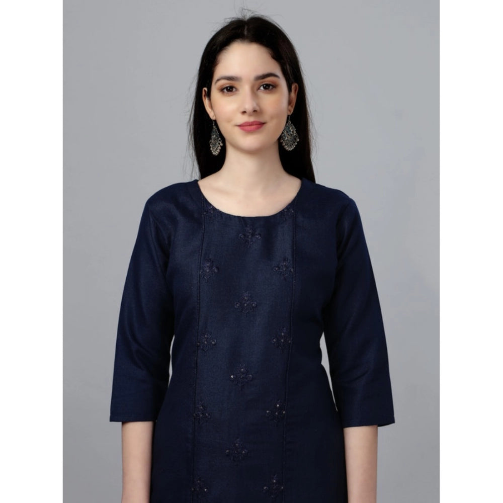 Generic Women's Casual 3-4 th Sleeve Embroidery Cotton Kurti (Dark Blue) - Noble Nook