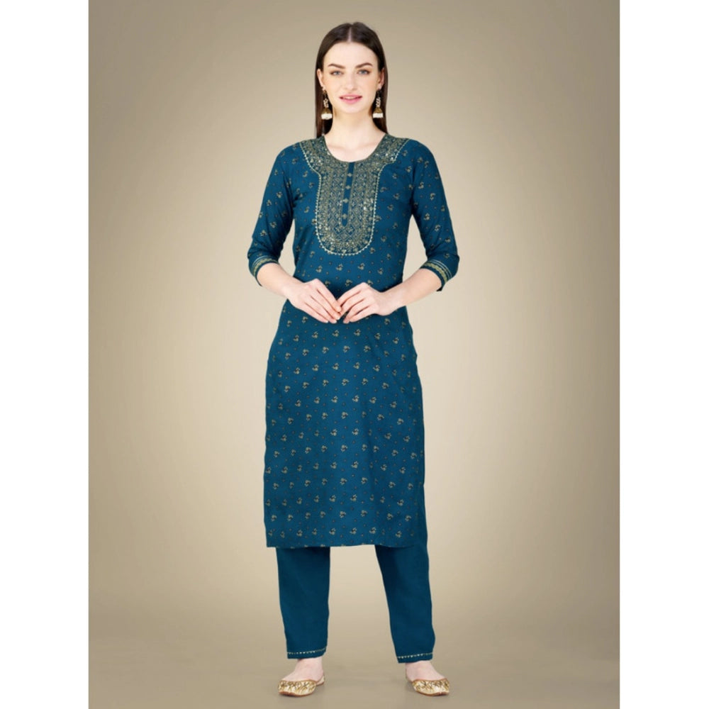 Generic Women's Casual 3-4 th Sleeve Embroidery Cotton Kurti Pant Dupatta Set (Blue ) - Noble Nook