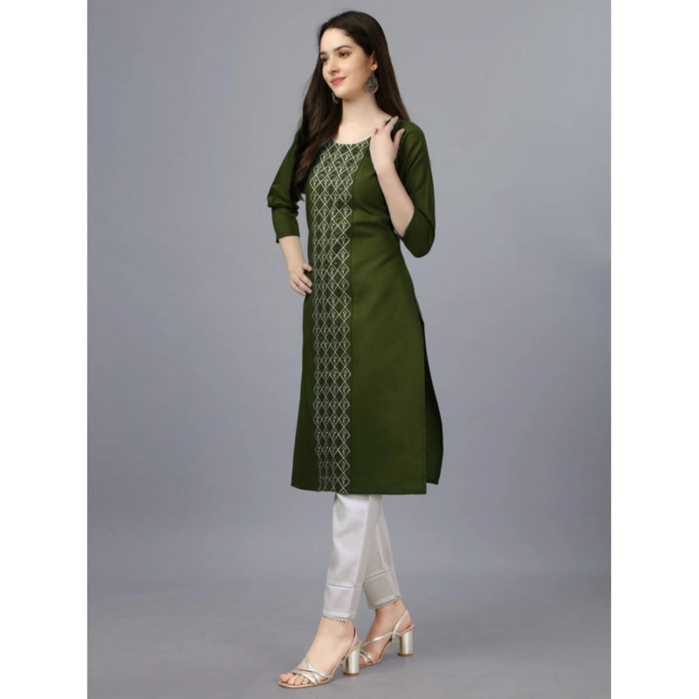 Generic Women's Casual 3-4 th Sleeve Embroidery Cotton Kurti (Dark Green) - Noble Nook