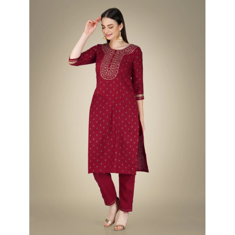 Generic Women's Casual 3-4 th Sleeve Embroidery Cotton Kurti Pant Dupatta Set (Maroon) - Noble Nook