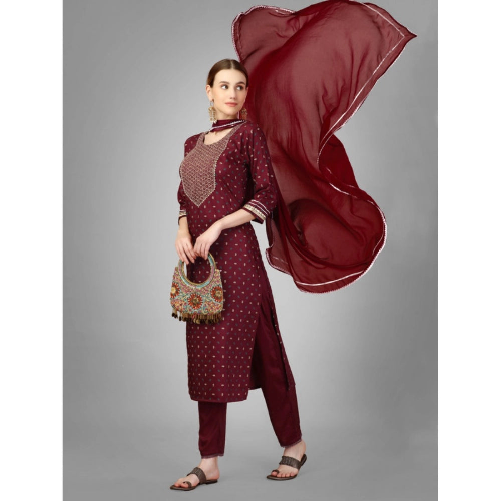 Generic Women's Casual 3-4 th Sleeve Embroidery Silk Blend Kurti Pant Dupatta Set (Maroon) - Noble Nook