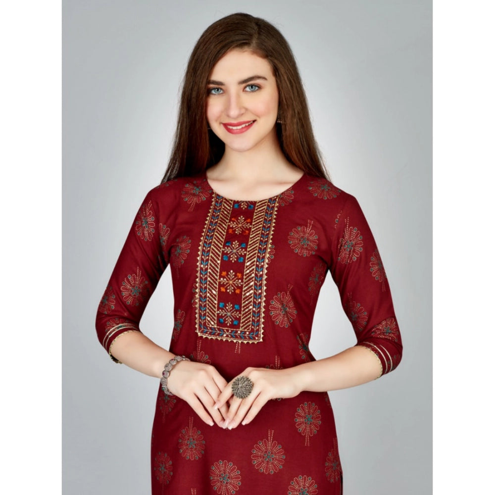 Generic Women's Casual 3-4 th Sleeve Embroidery Rayon Kurti Pant Set (Maroon) - Noble Nook