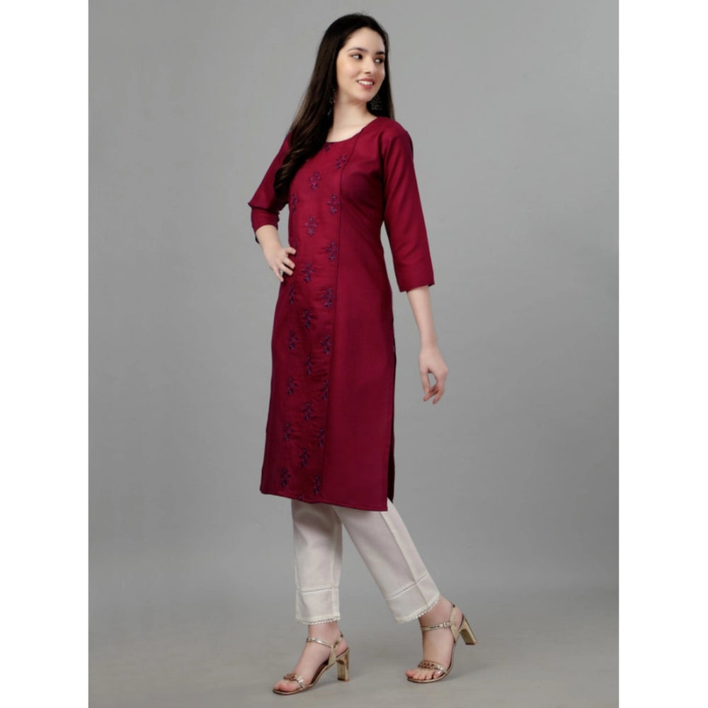 Generic Women's Casual 3-4 th Sleeve Embroidery Cotton Kurti (Maroon) - Noble Nook