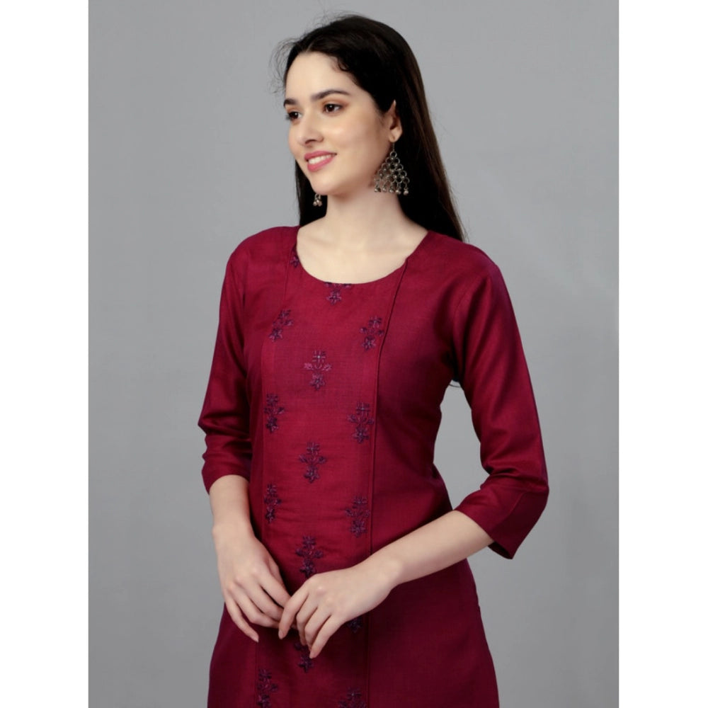 Generic Women's Casual 3-4 th Sleeve Embroidery Cotton Kurti (Maroon) - Noble Nook