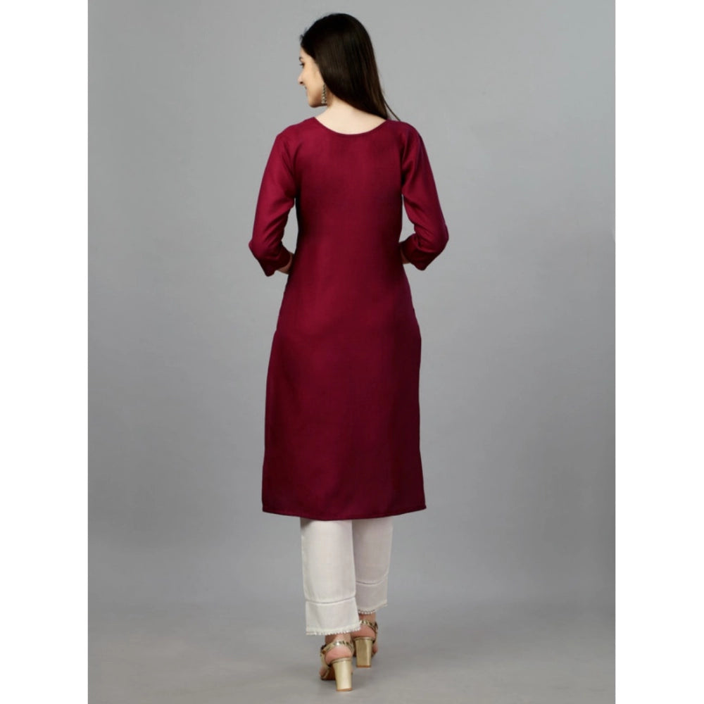 Generic Women's Casual 3-4 th Sleeve Embroidery Cotton Kurti (Maroon) - Noble Nook