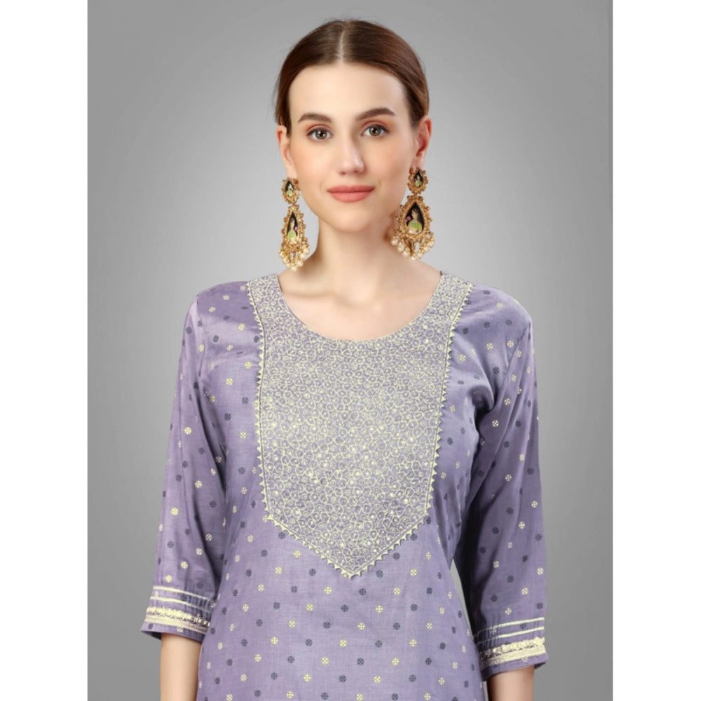 Generic Women's Casual 3-4 th Sleeve Embroidery Silk Blend Kurti Pant Dupatta Set (Lavender) - Noble Nook