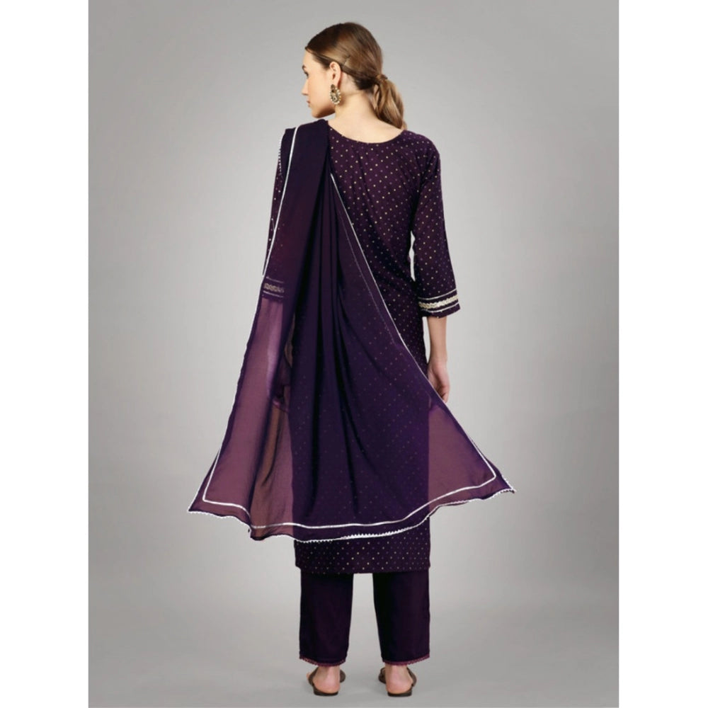 Generic Women's Casual 3-4 th Sleeve Embroidery Silk Blend Kurti Pant Dupatta Set (Purple) - Noble Nook