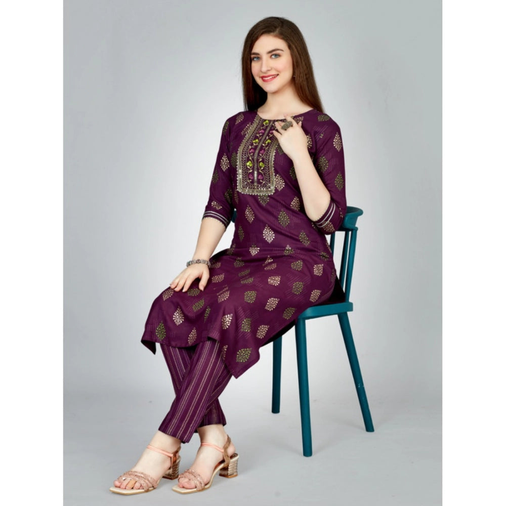 Generic Women's Casual 3-4 th Sleeve Embroidery Rayon Kurti Pant Set (Purple) - Noble Nook