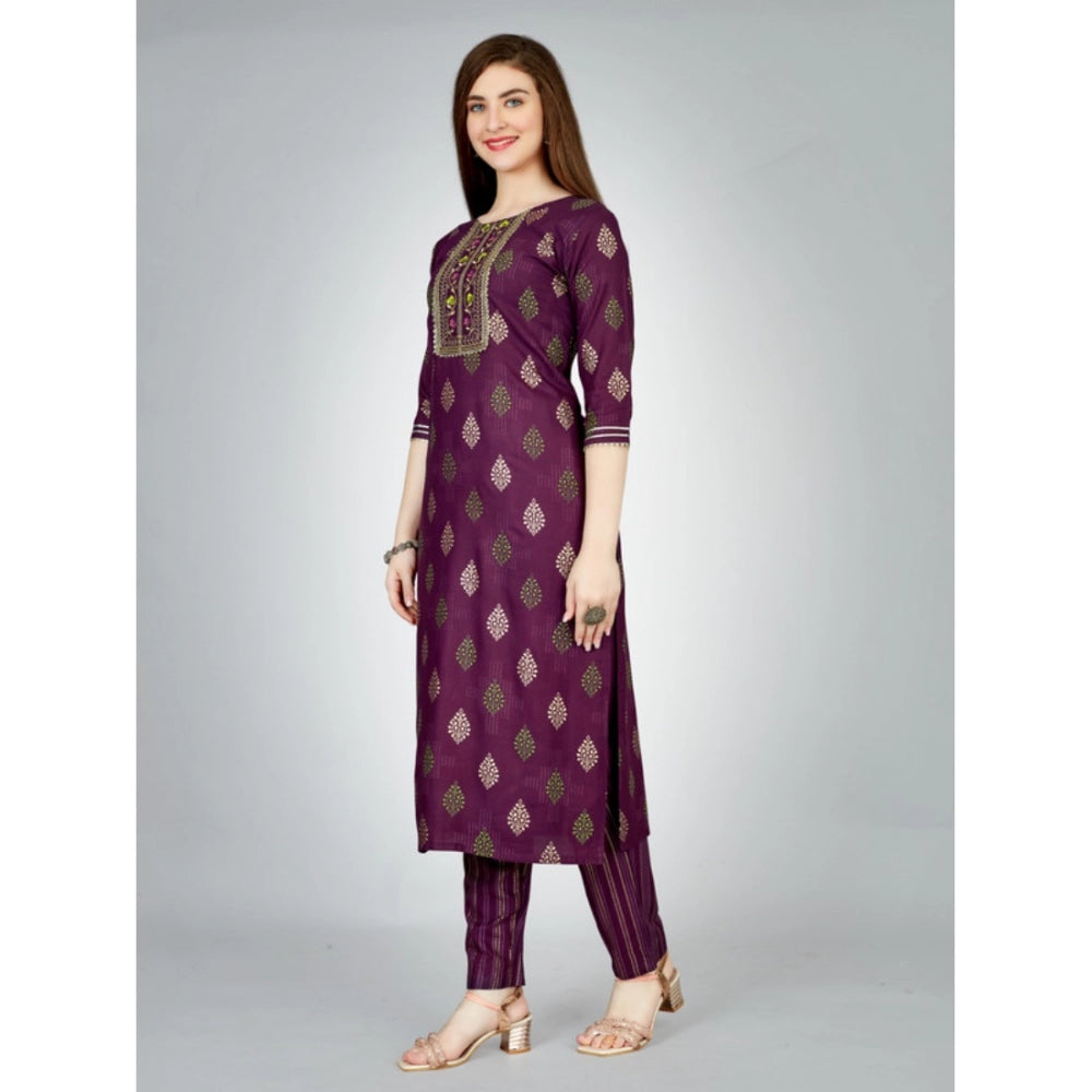 Generic Women's Casual 3-4 th Sleeve Embroidery Rayon Kurti Pant Set (Purple) - Noble Nook