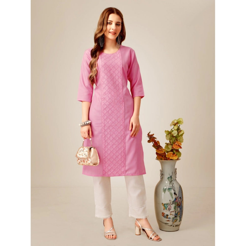 Generic Women's Casual 3-4 th Sleeve Embroidery Cotton Kurti Pant Set (Pink) - Noble Nook