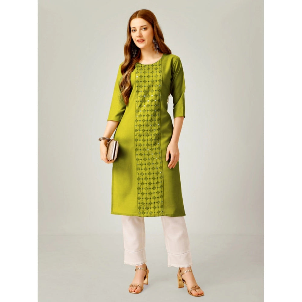 Generic Women's Casual 3-4 th Sleeve Embroidery Cotton Kurti Pant Set (Green) - Noble Nook