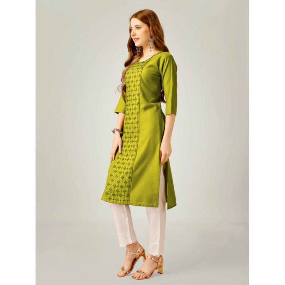 Generic Women's Casual 3-4 th Sleeve Embroidery Cotton Kurti Pant Set (Green) - Noble Nook