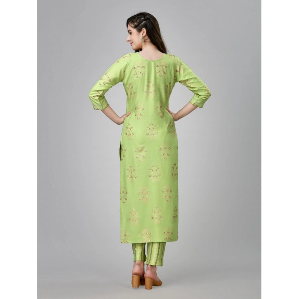 Generic Women's Casual 3-4 th Sleeve Embroidery Rayon Kurti Pant Set (Light Green) - Noble Nook