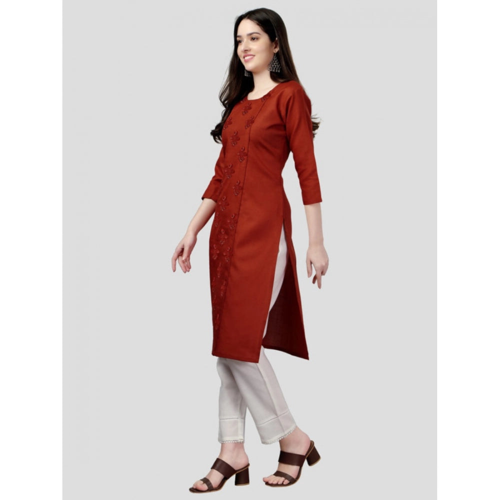 Generic Women's Casual 3-4 th Sleeve Embroidery Cotton Kurti (Rust) - Noble Nook