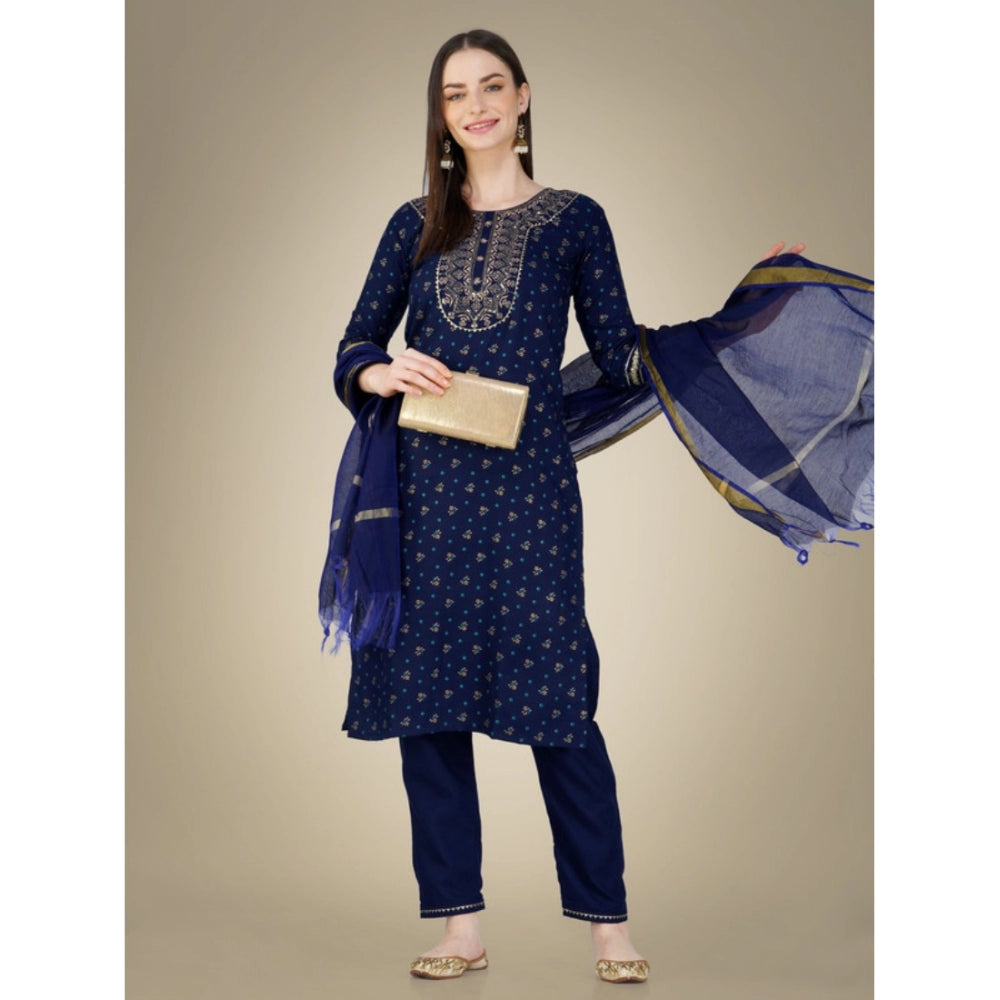 Generic Women's Casual 3-4 th Sleeve Embroidery Cotton Kurti Pant Dupatta Set (Dark Blue) - Noble Nook