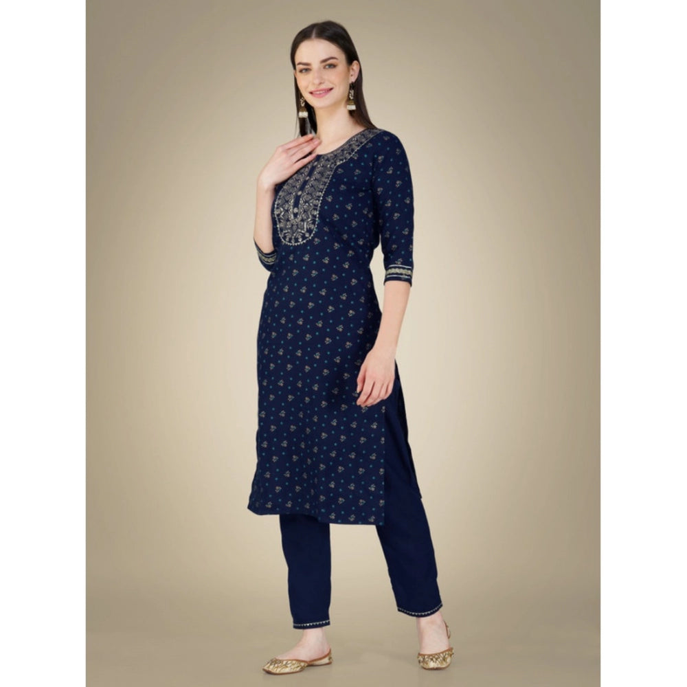 Generic Women's Casual 3-4 th Sleeve Embroidery Cotton Kurti Pant Dupatta Set (Dark Blue) - Noble Nook