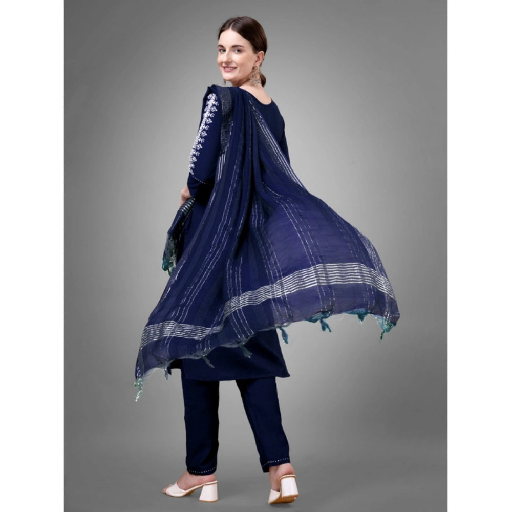 Generic Women's Casual 3-4 th Sleeve Embroidery Cotton Kurti Pant Dupatta Set (Dark Blue) - Noble Nook