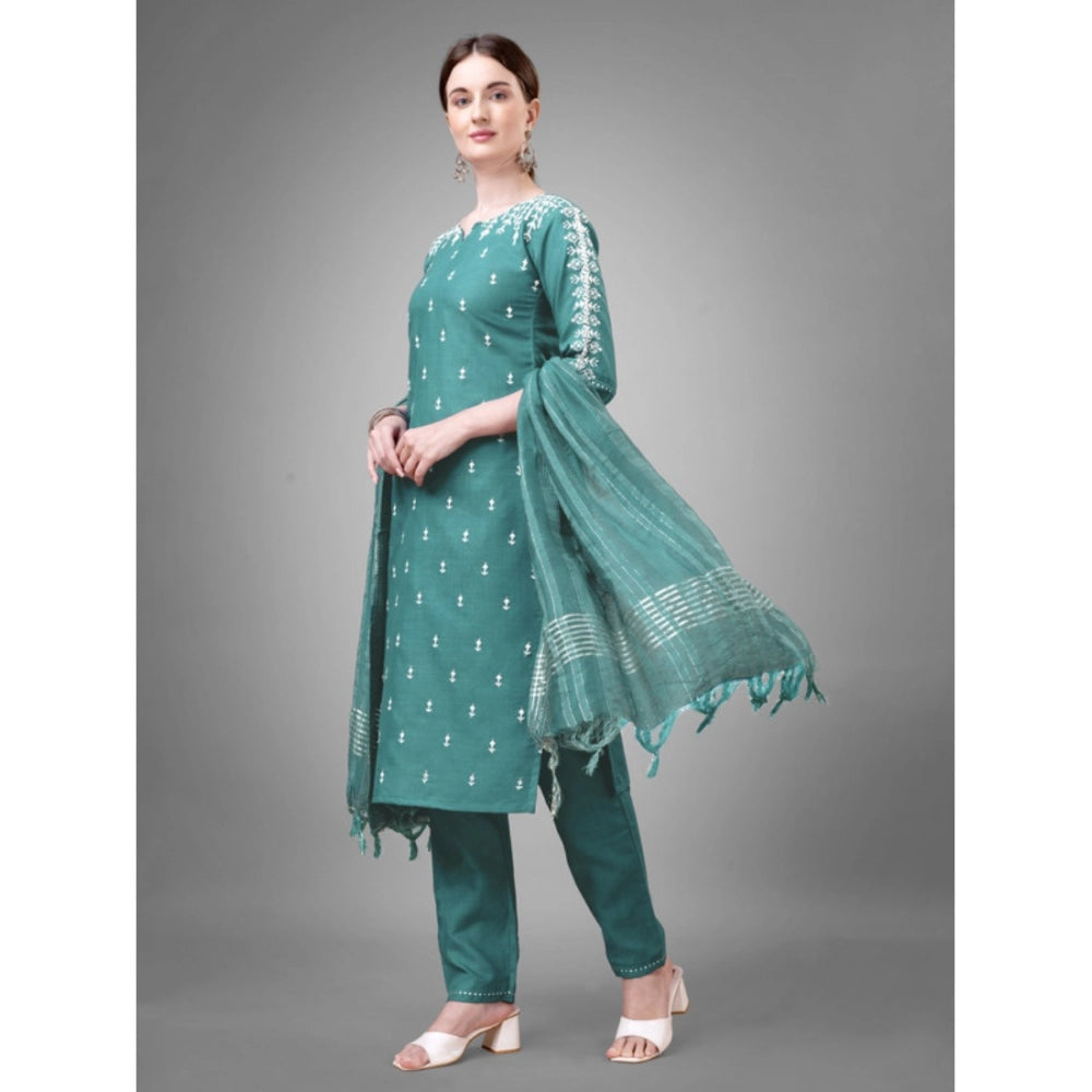 Generic Women's Casual 3-4 th Sleeve Embroidery Cotton Kurti Pant Dupatta Set (Teal) - Noble Nook