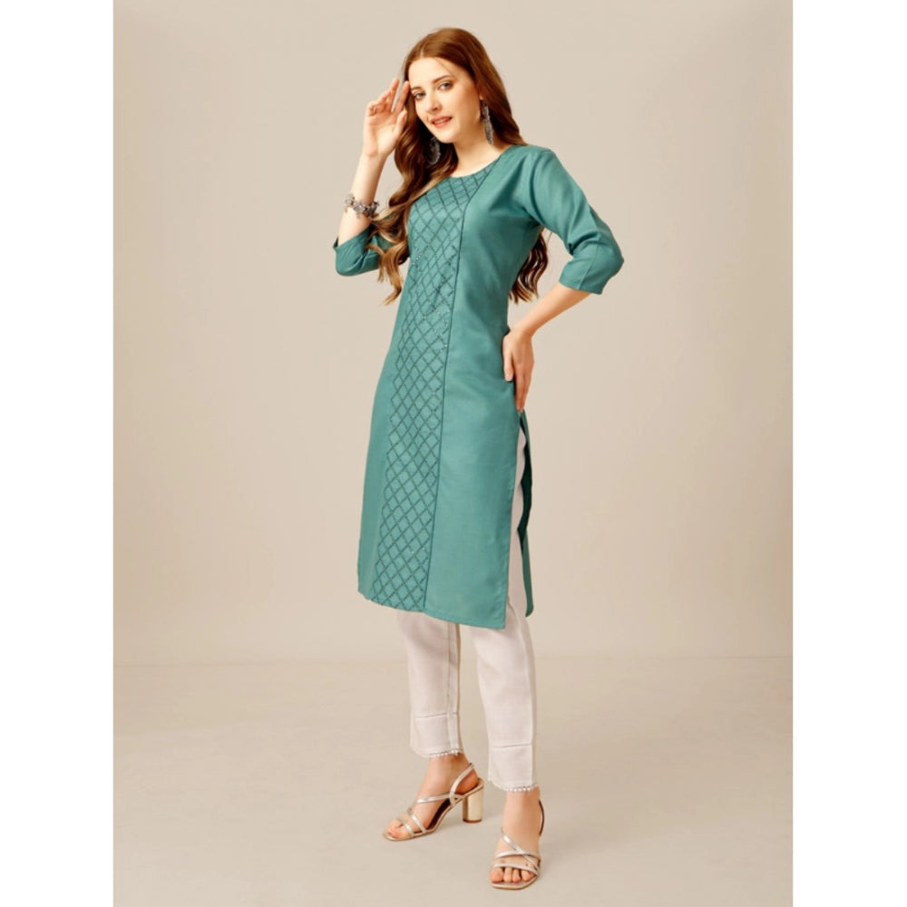 Generic Women's Casual 3-4 th Sleeve Embroidery Cotton Kurti Pant Set (Green) - Noble Nook