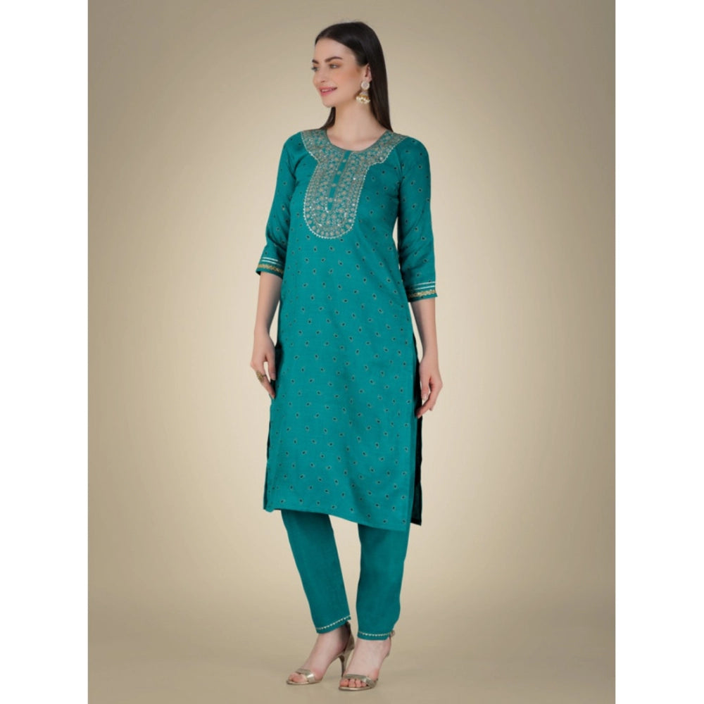 Generic Women's Casual 3-4 th Sleeve Embroidery Cotton Kurti Pant Dupatta Set (Light Green) - Noble Nook