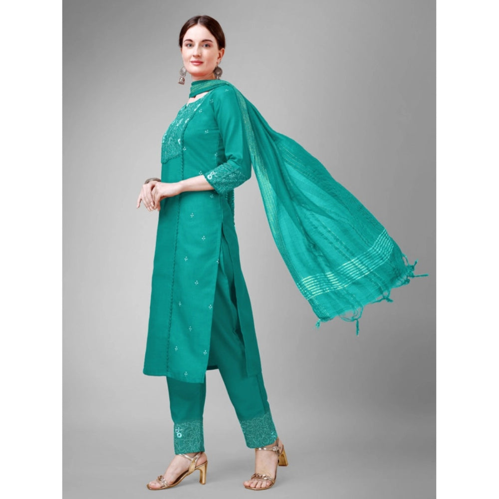 Generic Women's Casual 3-4 th Sleeve Embroidery Cotton Kurti Pant Dupatta Set (Rama) - Noble Nook