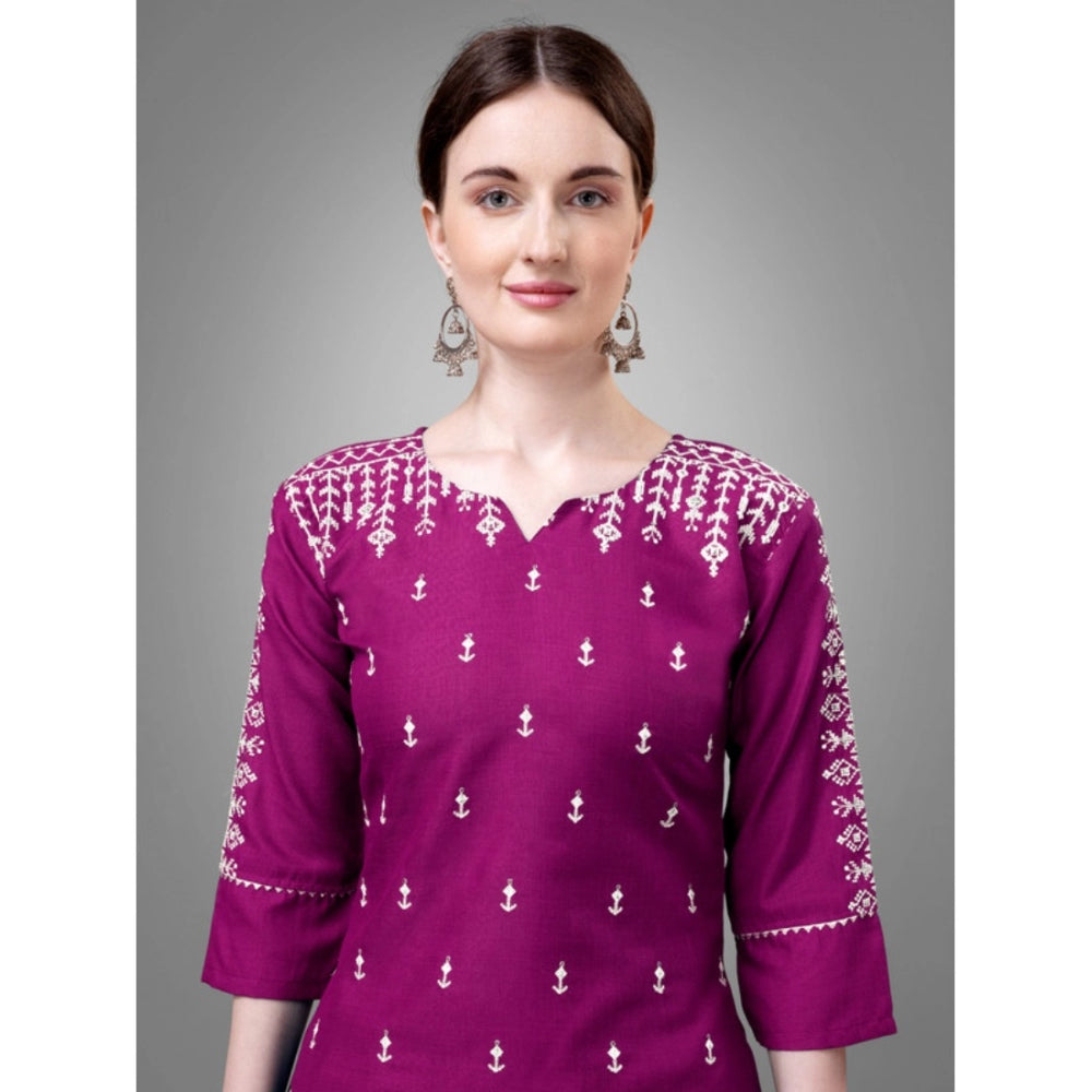 Generic Women's Casual 3-4 th Sleeve Embroidery Cotton Kurti Pant Dupatta Set (Purple) - Noble Nook