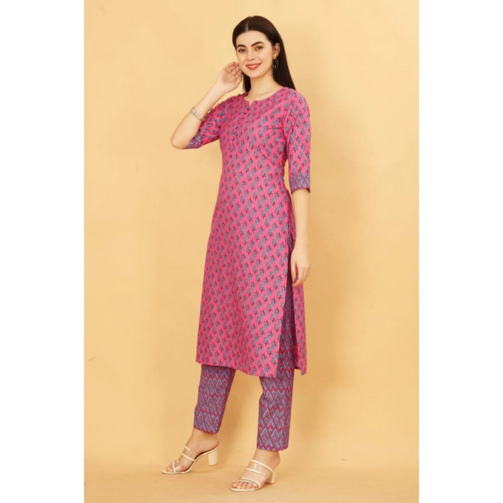 Generic Women's Casual 3-4 th Sleeve Printed Cotton Kurti Pant Set (Pink) - Noble Nook