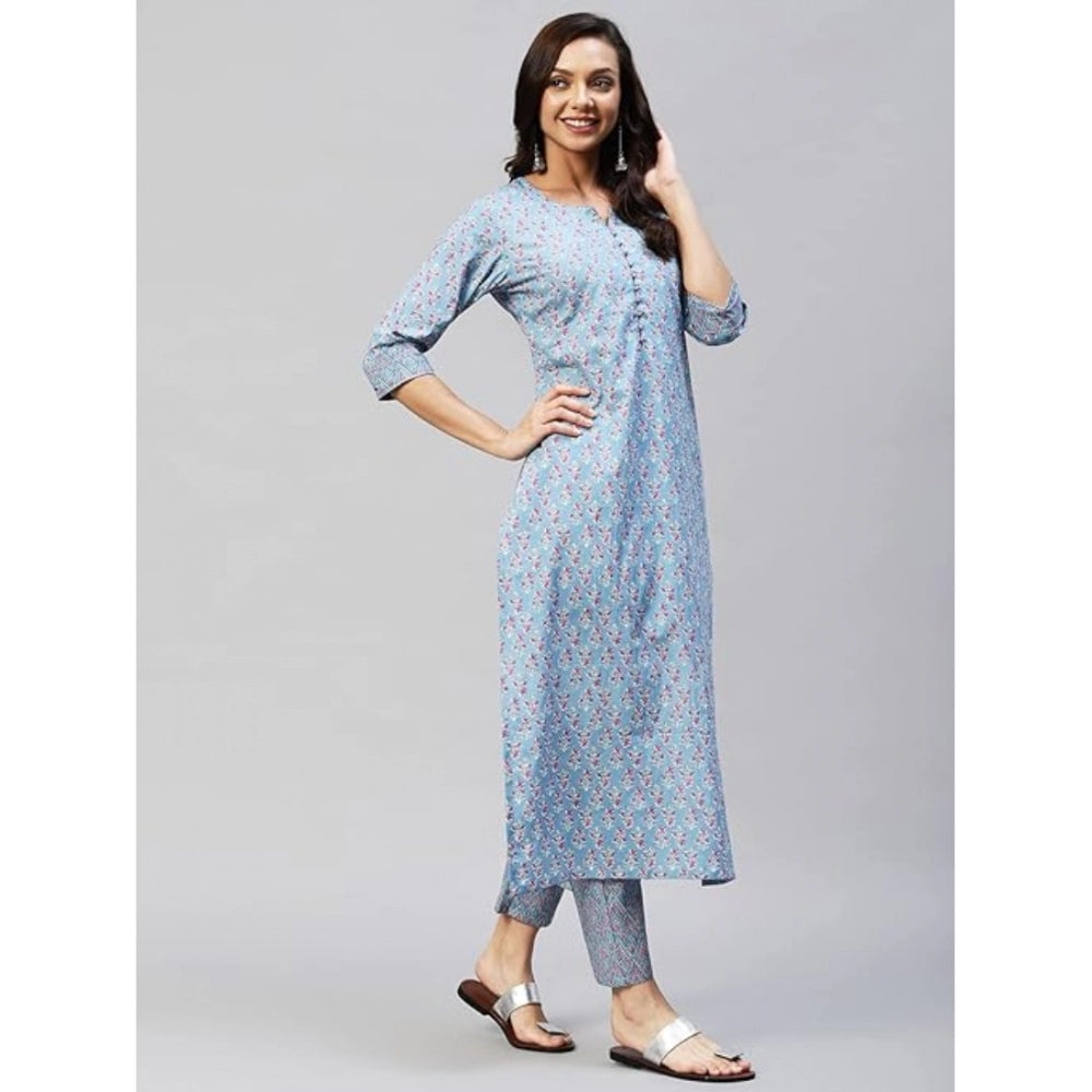 Generic Women's Casual 3-4 th Sleeve Printed Cotton Kurti Pant Set (Pastel Blue) - Noble Nook