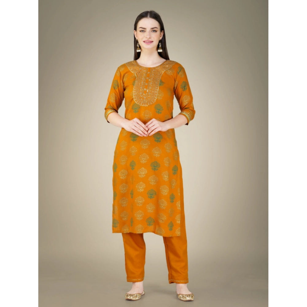 Generic Women's Casual 3-4 th Sleeve Embroidery Cotton Kurti Pant Dupatta Set (Yellow) - Noble Nook