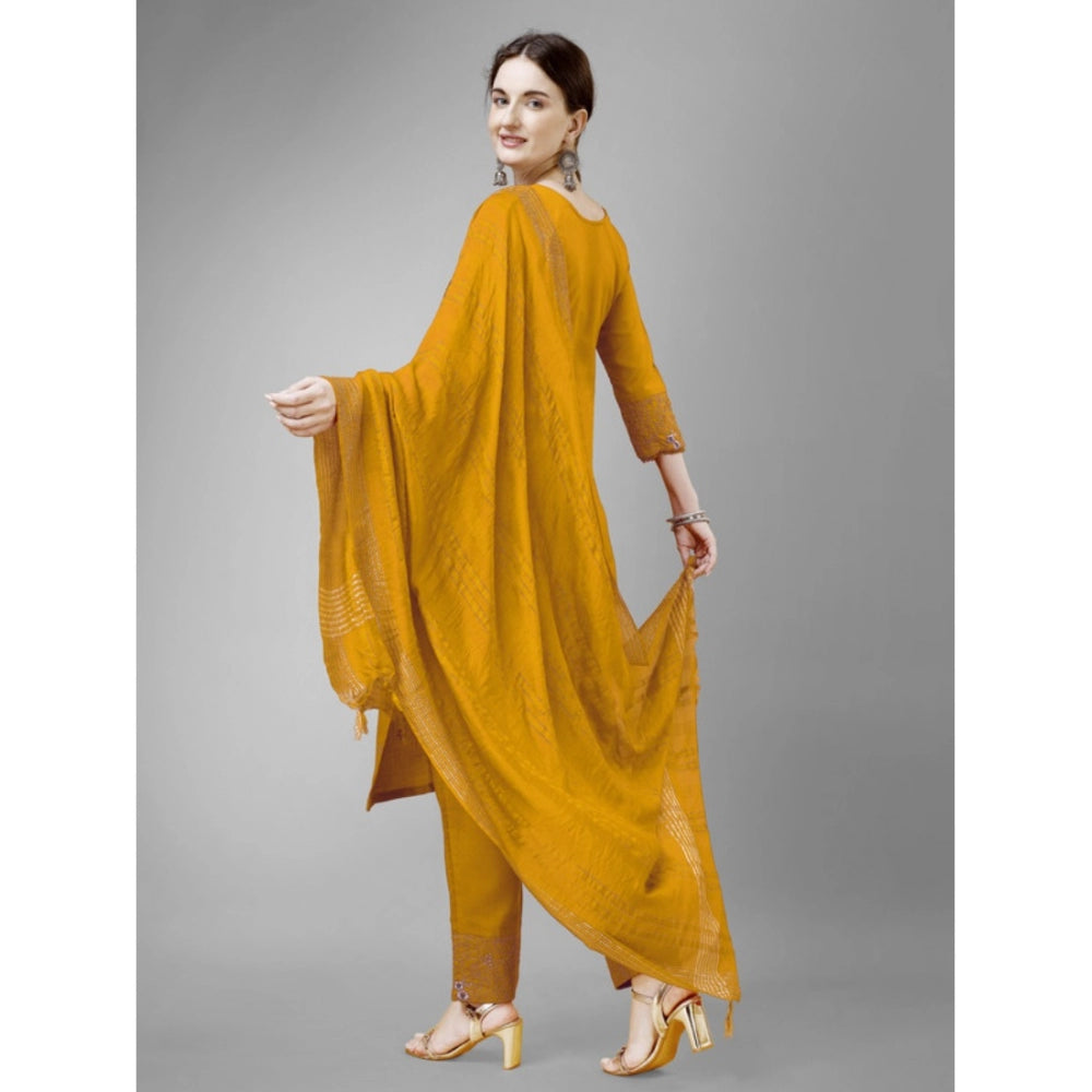 Generic Women's Casual 3-4 th Sleeve Embroidery Cotton Kurti Pant Dupatta Set (Yellow) - Noble Nook