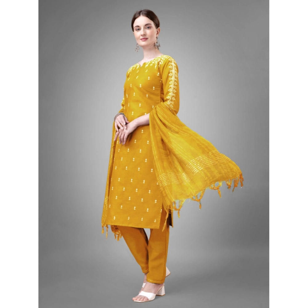 Generic Women's Casual 3-4 th Sleeve Embroidery Cotton Kurti Pant Dupatta Set (Yellow) - Noble Nook