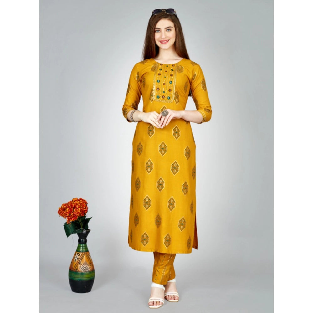 Generic Women's Casual 3-4 th Sleeve Embroidery Rayon Kurti Pant Set (Yellow) - Noble Nook